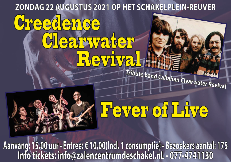 Creedence clearwater Revival. Op 22 augustus op het SChakelplein in Reuver. Aanvang 15.00 uur. 10 euro. Tickets via info@zalencentrumdeschakel.nl of 077 4741130