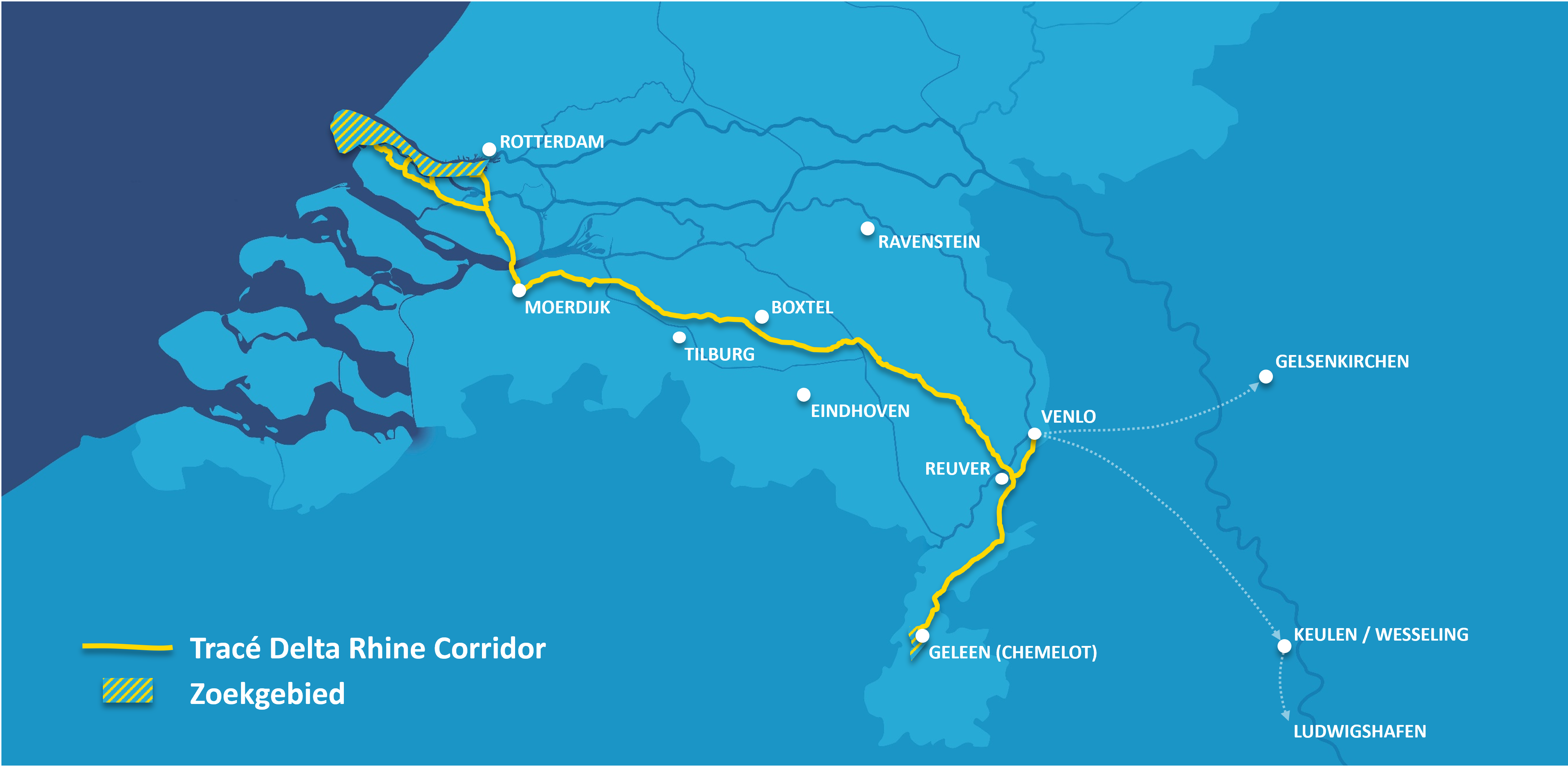 Overzicht kaart waar de Delta Rhine Corridor gaat komen