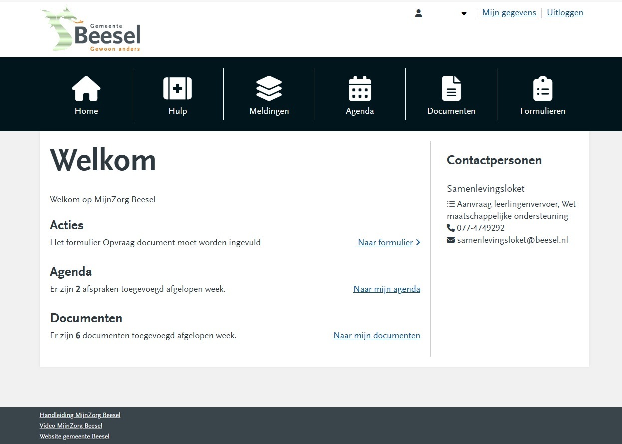 Homepagina van online omgeving MijnZorg Beesel