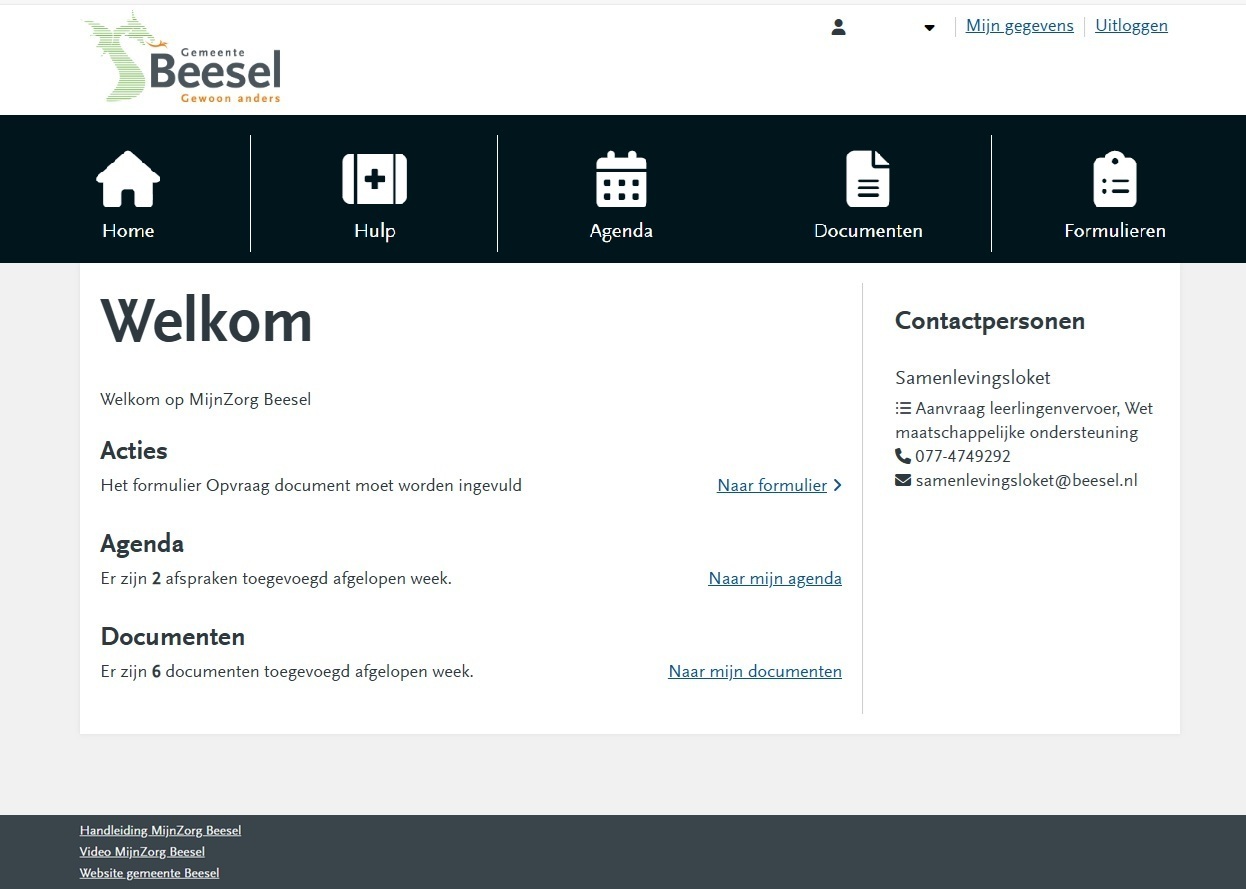 Homepagina van online omgeving MijnZorg Beesel