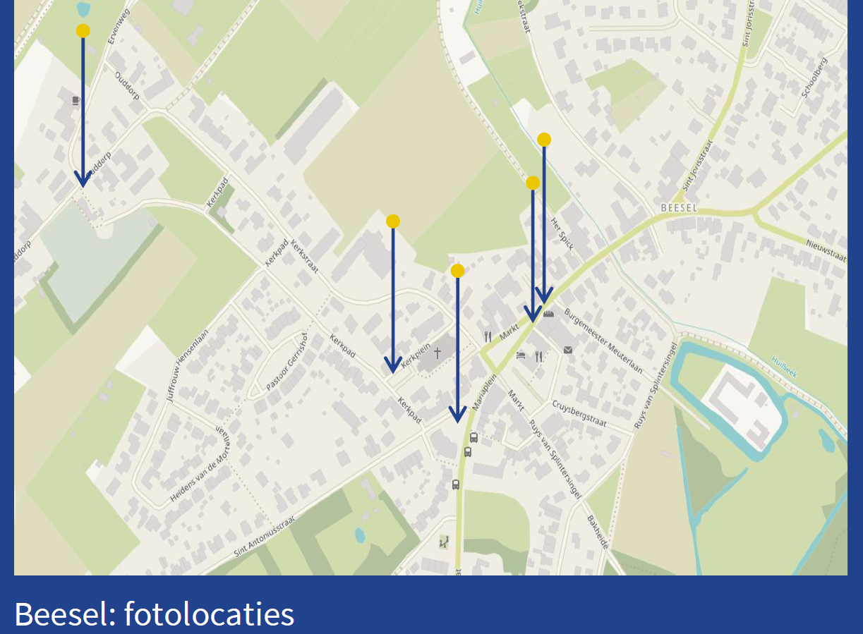Plattegrond van Beesel met locaties waar foto's staan tijdens Open Monumentendag 2025