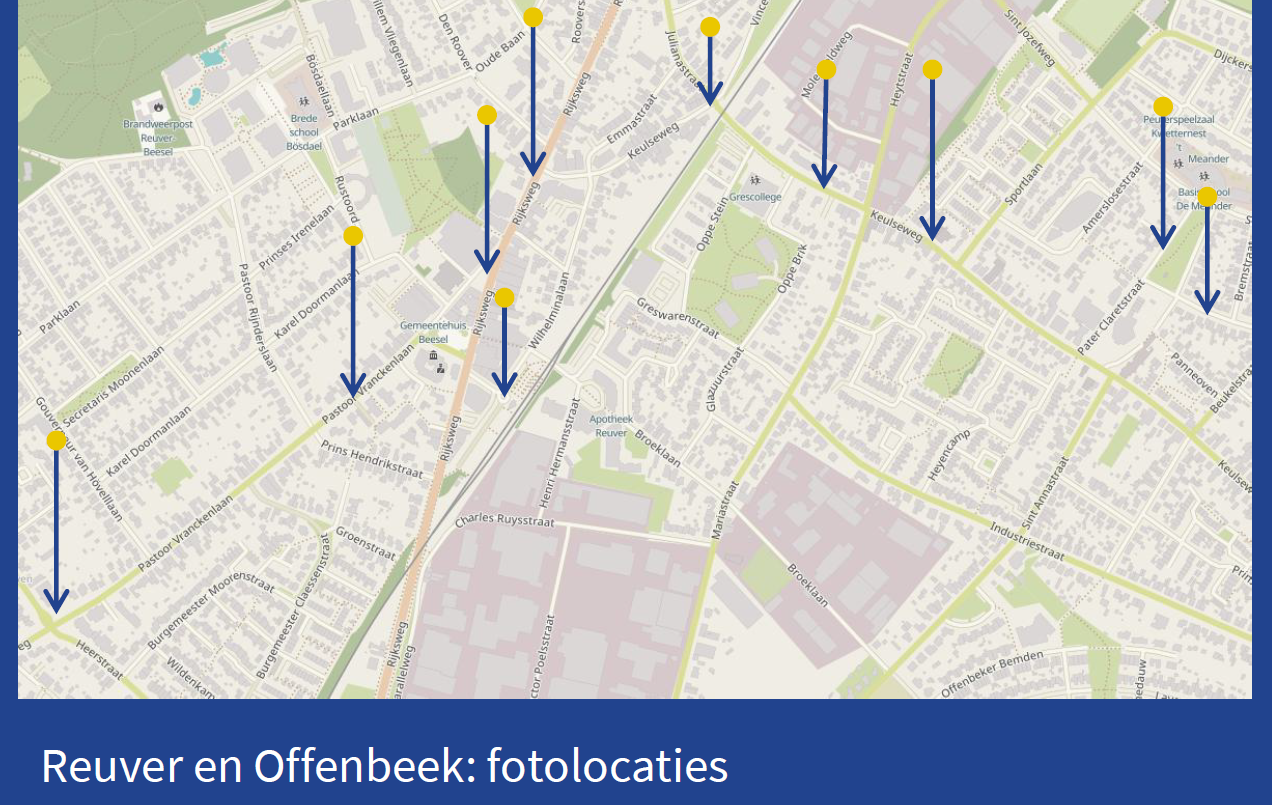 Plattegrond van Reuver en Offenbeek met locaties waar foto's staan tijdens Open Monumentendag 2025