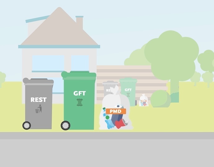 Illustratie van grijze container, groene container en PMD-zak