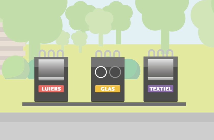 3 containers van de milieustraatjes waar glas, textiel en luiers en incontinentiemateriaal kan worden ingeleverd