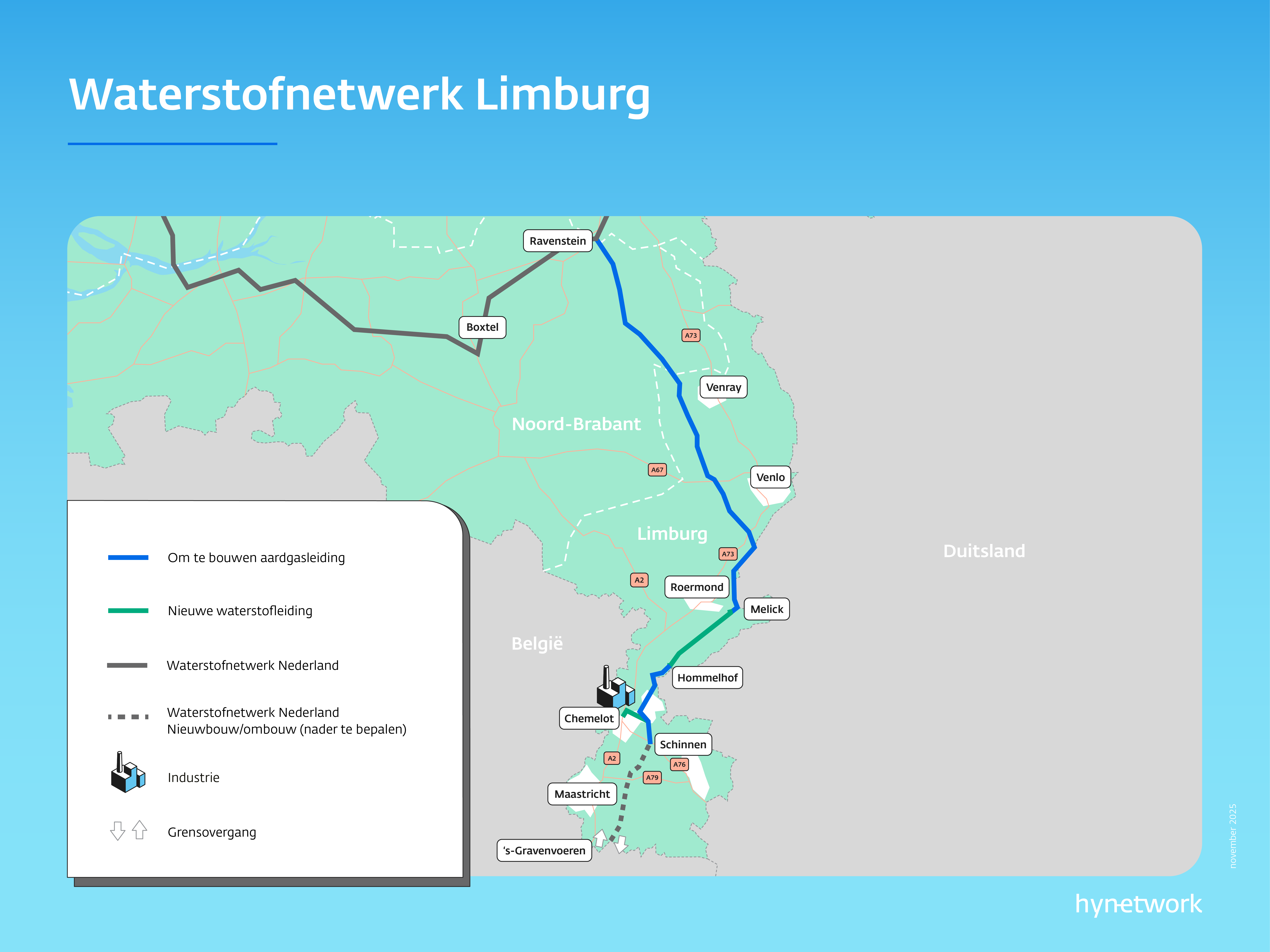 Kaart waar waterstofnetwerk in Nederland wordt aangelegd