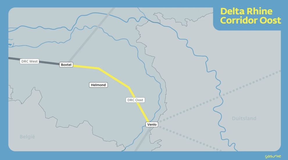 Plattegrond van ondergrondse buisleiding Delta Rhine Corridor Oost