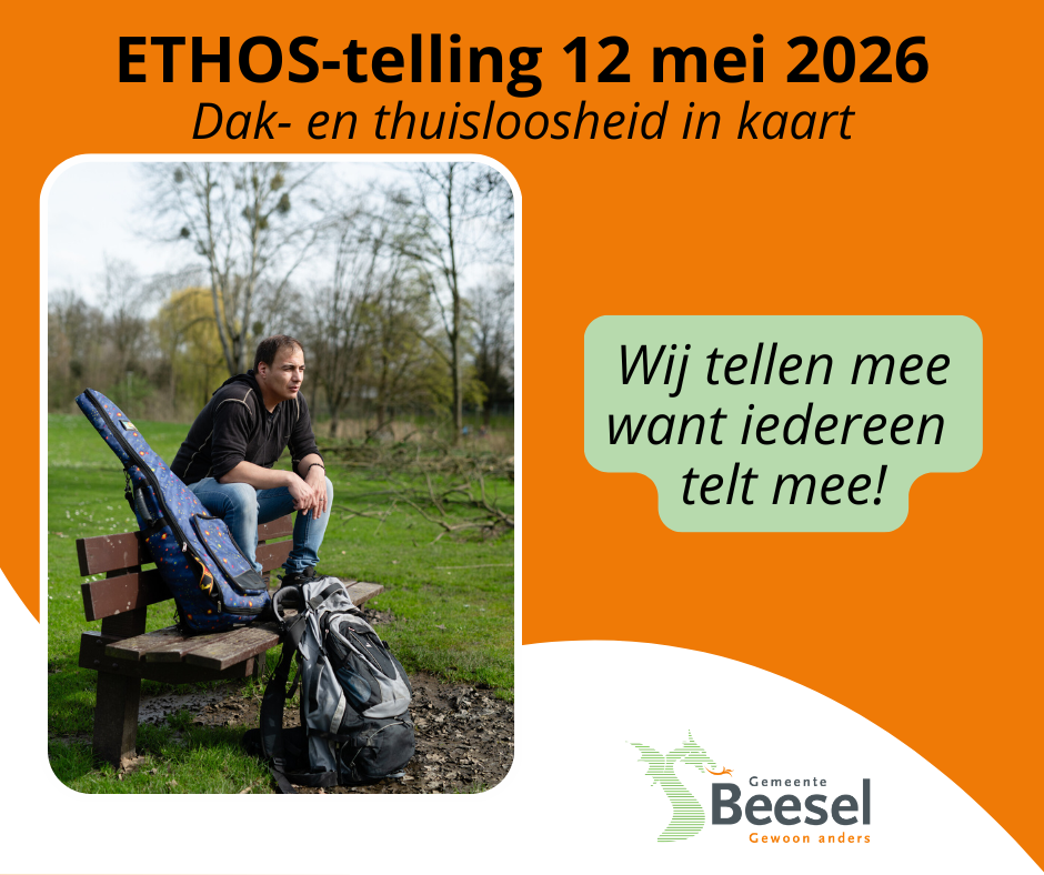 Foto van iemand die dak- of thuisloos is en de oproep om op 12 mei 2026 mee te tellen met de ETHOS-telling
