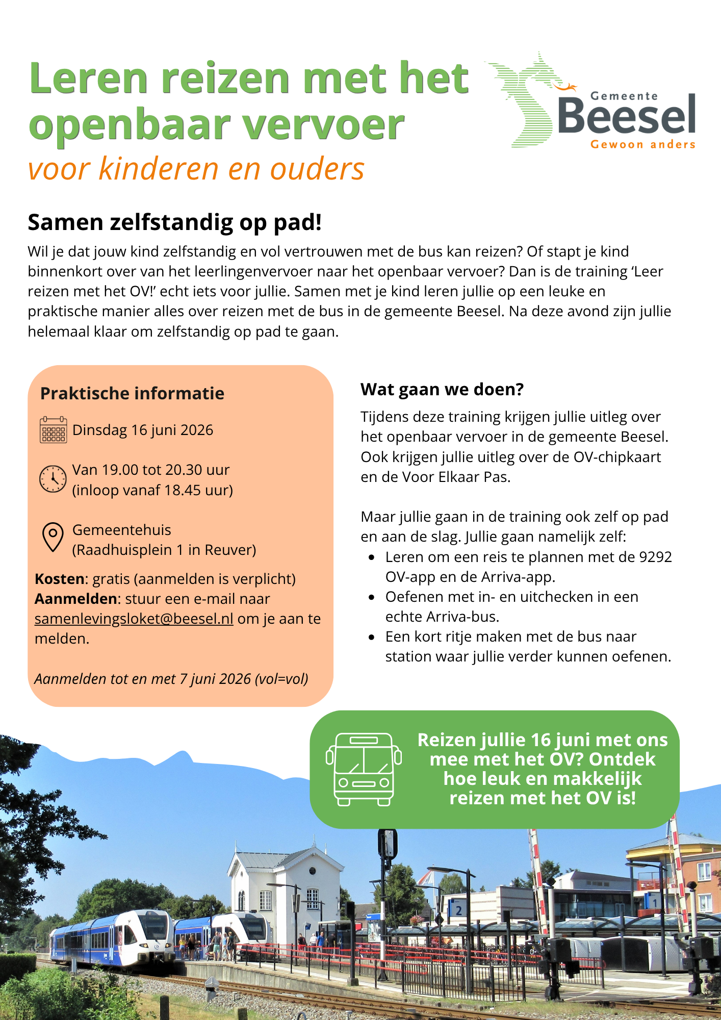 Informatieflyer over de training "Leren reizen met het openbaar vervoer" die op 16 juni 2026 plaatsvindt